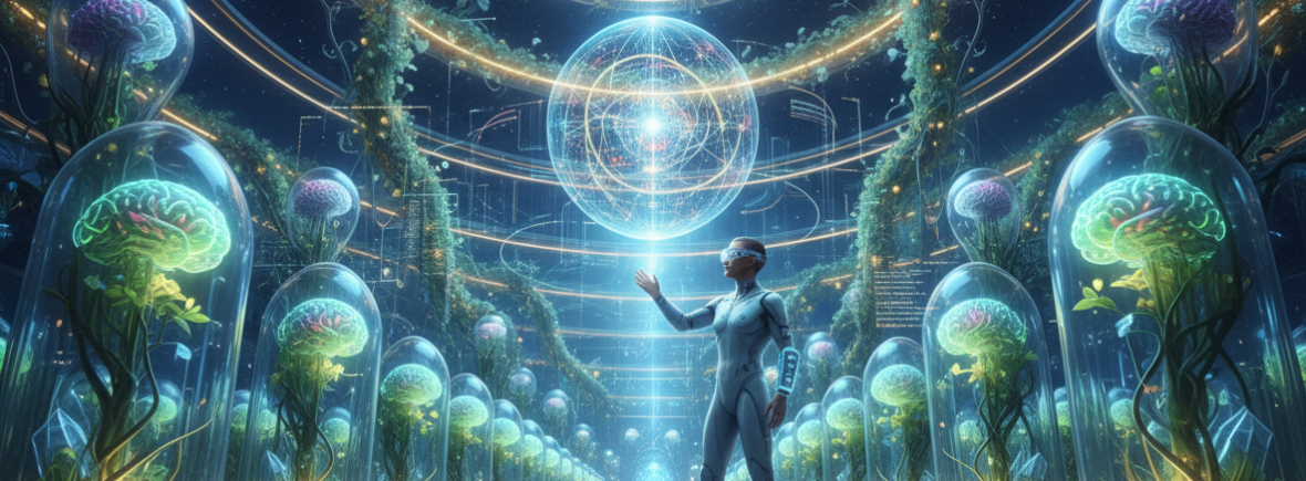 Human and AI farming minds futuristic bright