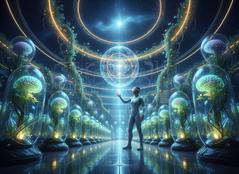 Human and AI farming minds futuristic bright