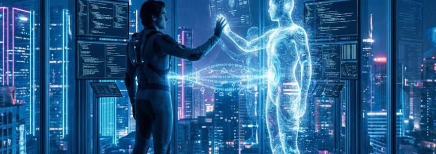 Human and AI exchanging data futuristically