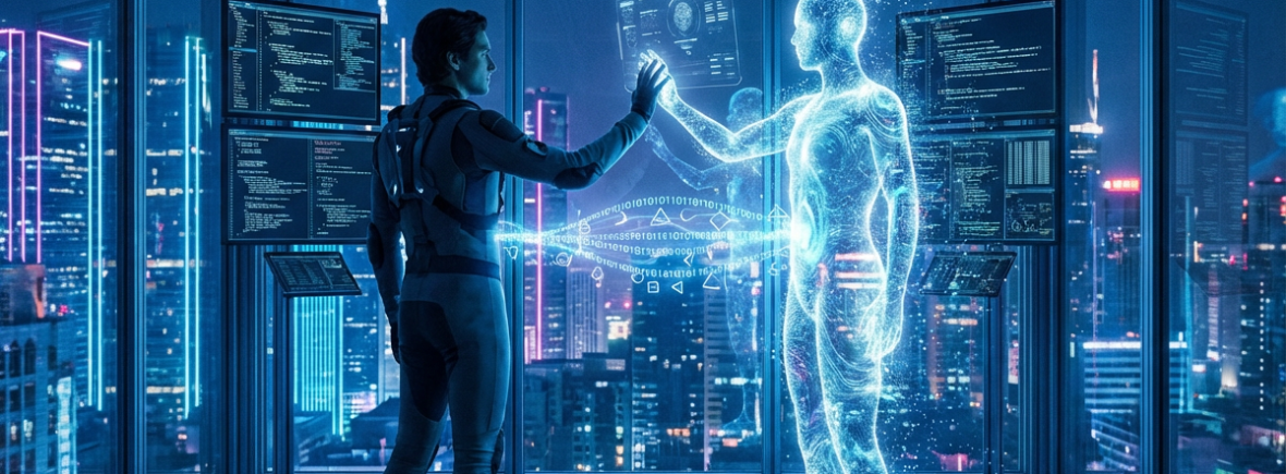 Human and AI exchanging data futuristically