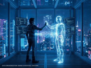 Human and AI exchanging data futuristically