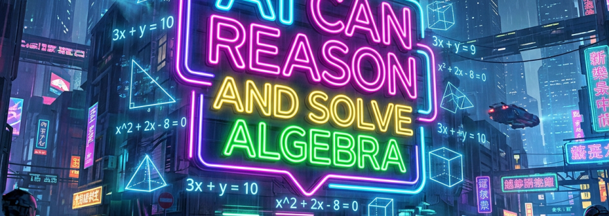 Neon sign displaying 'AI CAN REASON AND SOLVE ALGEBRA' with algebra equations and geometric shapes in a rainy city.