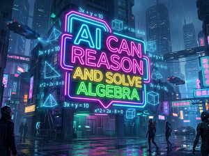 Neon sign displaying 'AI CAN REASON AND SOLVE ALGEBRA' with algebra equations and geometric shapes in a rainy city.