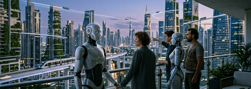 Two humanoid robots and three people standing on a balcony overlooking a futuristic city with skyscrapers and flying vehicles at dusk.