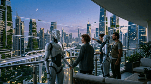 Two humanoid robots and three people standing on a balcony overlooking a futuristic city with skyscrapers and flying vehicles at dusk.