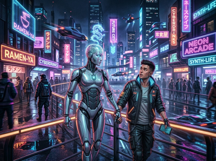 Young man holding hands with an android in a neon-lit futuristic city street at night