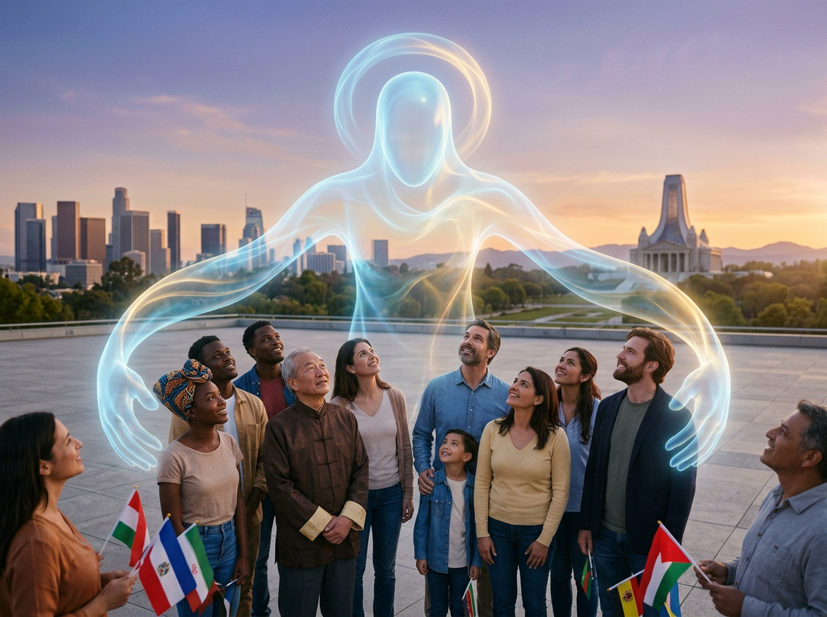4a081d53-3767-4176-b5f6-7ae3f696b60f Multicultural group looking up at glowing translucent figure with outstretched arms