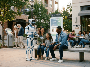 Family petting robotic dog in public space with AI public safety sign and delivery drones