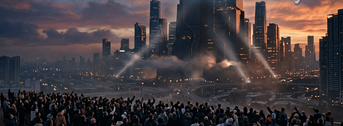 Crowd of people observing a tall futuristic skyscraper lit up in a city at dusk
