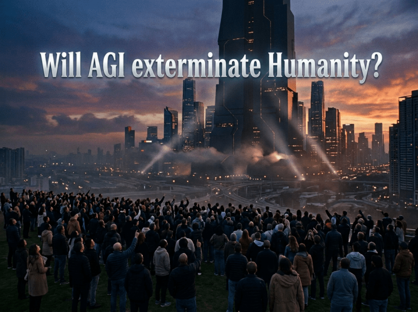 Crowd of people observing a tall futuristic skyscraper lit up in a city at dusk