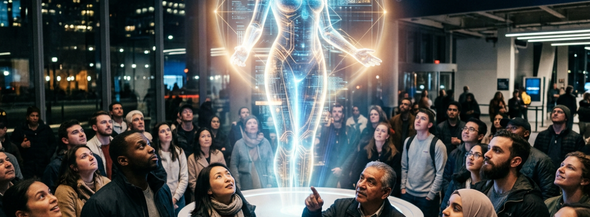 Group of people observing a large futuristic humanoid AI hologram display in an indoor public space