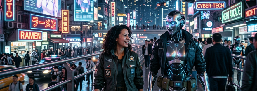 Woman walking next to a humanoid robot in a neon-lit futuristic city at night.