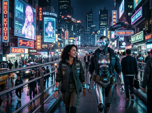 Woman walking next to a humanoid robot in a neon-lit futuristic city at night.