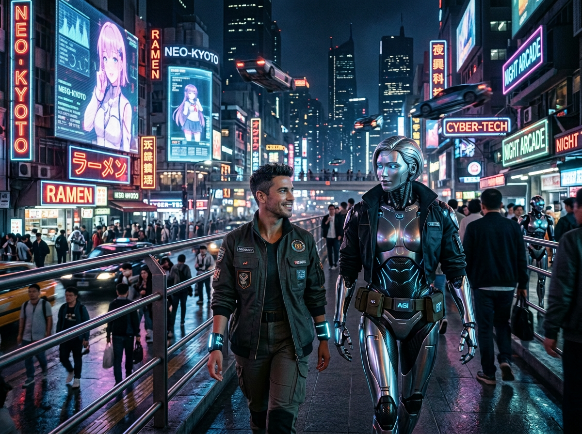 4a081d53-3767-4176-b5f6-7ae3f696b60f Man walking beside a humanoid robot on a neon-lit futuristic city street with flying cars and digital billboards