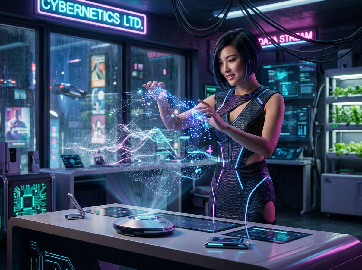 Researcher manipulating holographic data in a Cybernetics Ltd laboratory