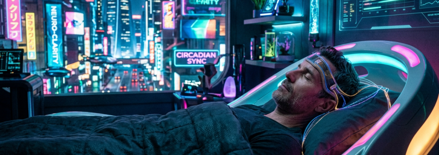 Man sleeping in a neon pod beneath a health-monitoring dashboard labeled Circadian Sync