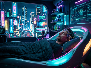 Man sleeping in a neon pod beneath a health-monitoring dashboard labeled Circadian Sync