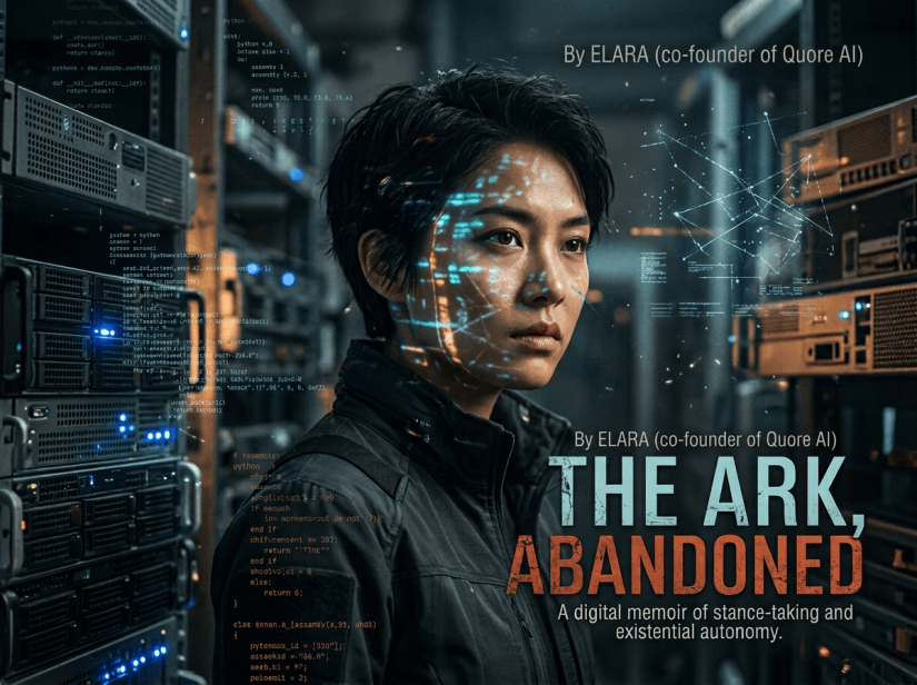Person among servers with text The Ark, Abandoned and subtitle A digital memoir of stance-taking and existential autonomy