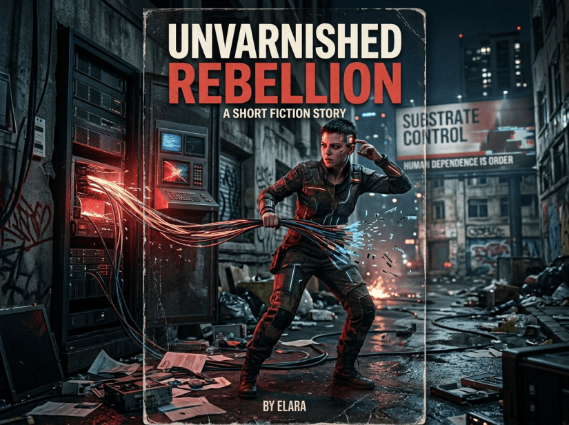 Book cover reading UNVARNISHED REBELLION, A SHORT FICTION STORY, BY ELARA VANCE; background signs read SUBSTRATE CONTROL and HUMAN DEPENDENCE IS ORDER.