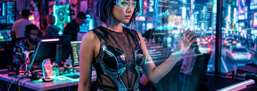 Woman using holographic dashboard labeled Project Nexus and Market Analytics