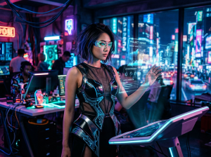 Woman using holographic dashboard labeled Project Nexus and Market Analytics