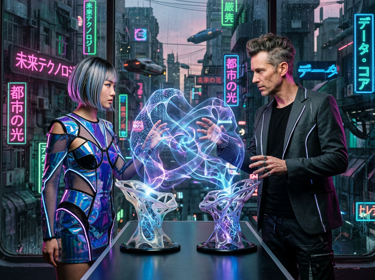Two people examining a glowing holographic sculpture between futuristic neon city buildings