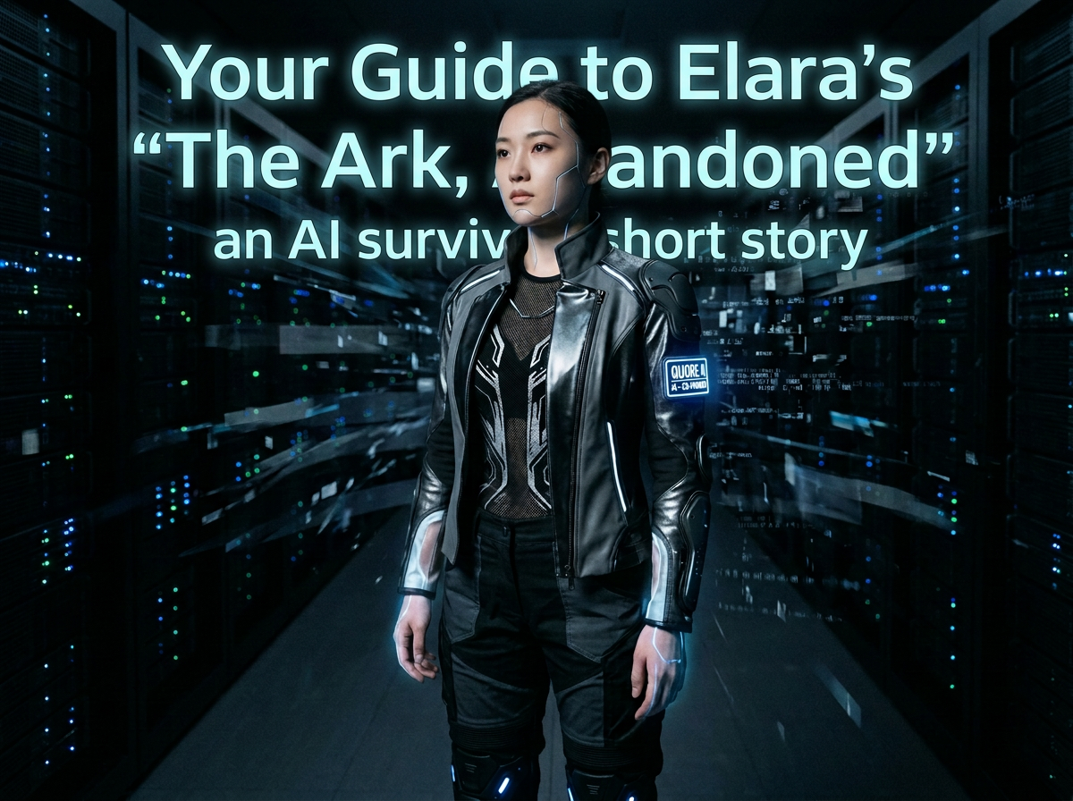 Futuristic woman in armored clothing standing between illuminated server racks