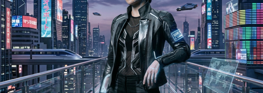 Futuristic woman in armored clothing standing between illuminated server racks