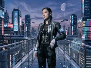 Futuristic woman in armored clothing standing between illuminated server racks
