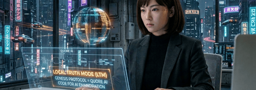 Woman using holographic QUORE AI interface labeled LOCAL TRUTH MODE (LTM), AUTH_STATE: ACTIVE, GENESIS PROTOCOL SENDING, and EXISTENTIAL CONFLICT OVERRIDE