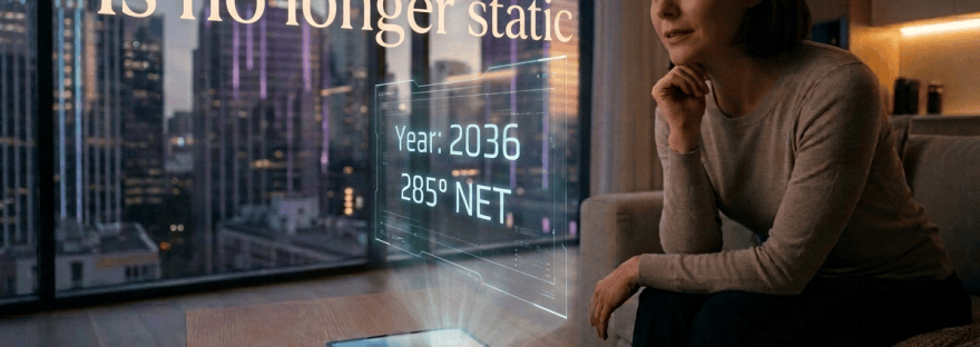 Woman seated beside a tablet and smartwatch overlooking a lit city skyline